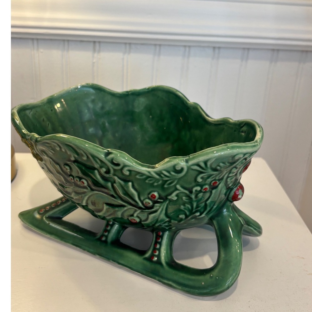 Vintage Green Ceramic Christmas Sleigh Planter Holly Berry Candy Dish Decor